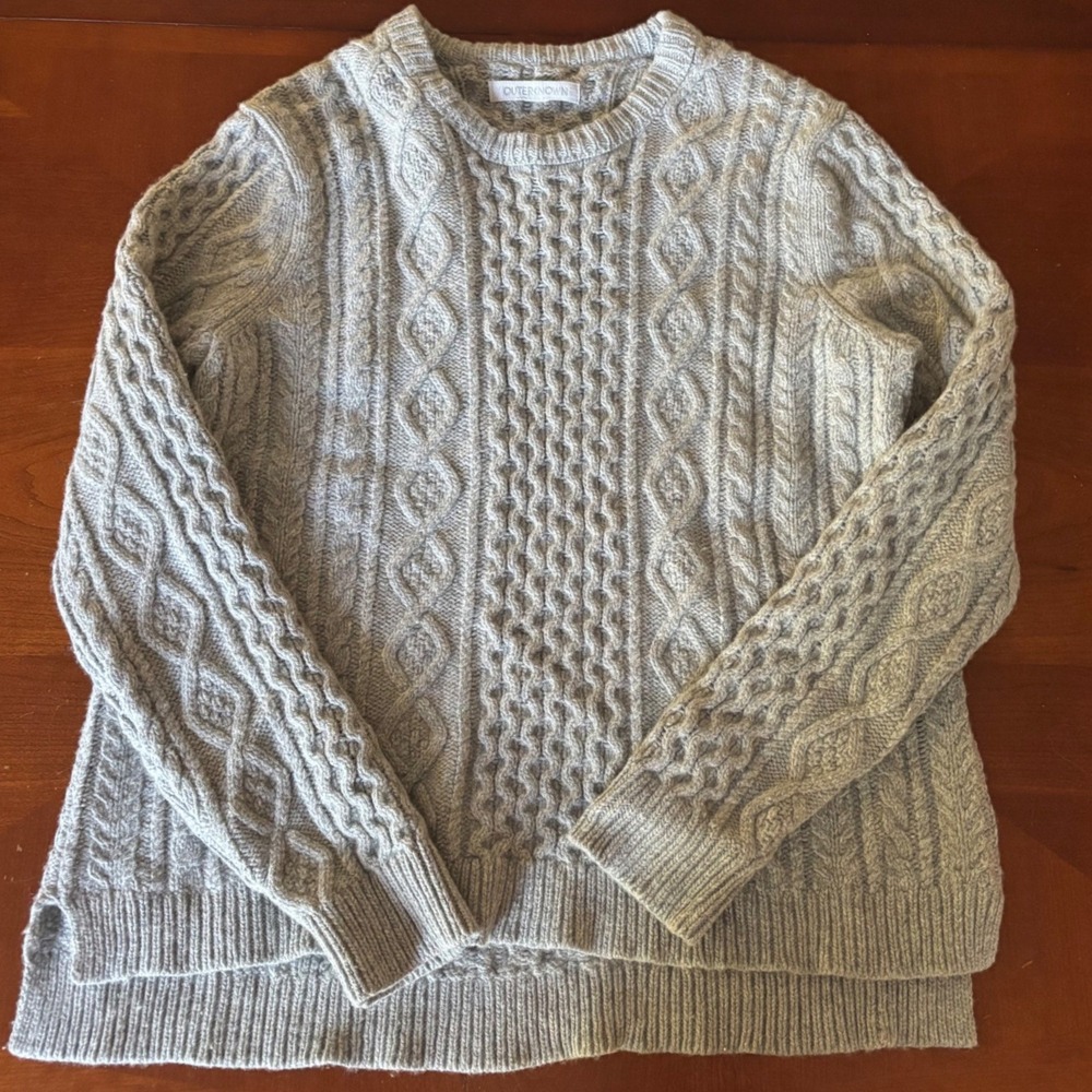 Outerknown Gray Wool Organic Cotton Cable Knit Sweater XL Crewneck Stepped Hem